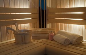 11057234 - sauna interior with bucket and towel